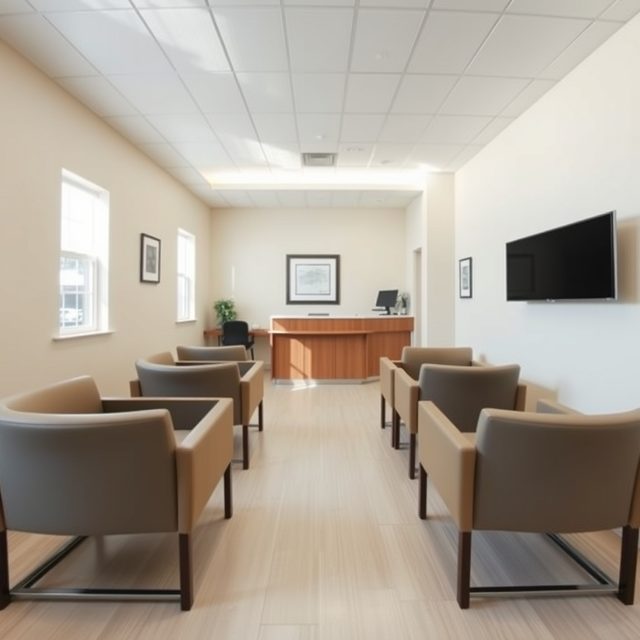 Example AI-generated image: an empty, brightly lit clinic waiting room with a reception desk